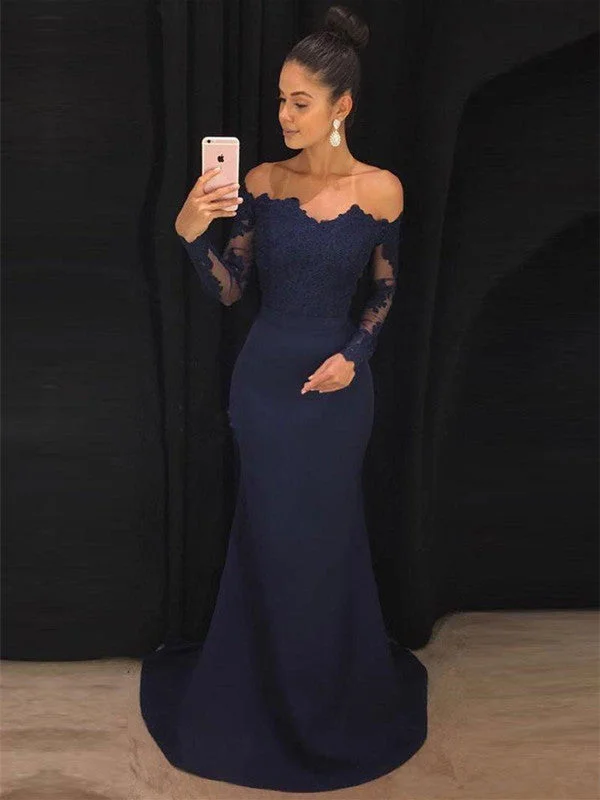 Feminine Style Promotions Limited - Time Bundle Navy Blue Off Shoulder Mermaid Long Sleeves Lace Prom Dresses, Navy Blue Formal Dresses, Evening Dresses