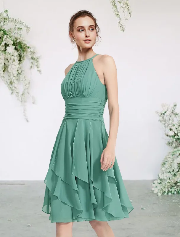 Cozy Chic Promotions Celebrate With Big Savings A-Line Bridesmaid Dress Jewel Neck Sleeveless Elegant Short / Mini Chiffon with Pleats / Cascading Ruffles