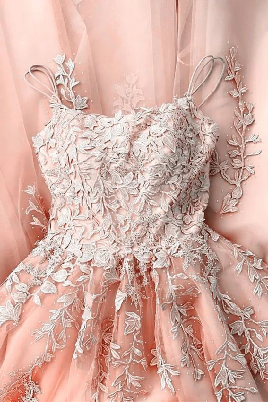 Flash Sales Exclusive Sale Coral Prom Dresses Ball Gown Lace Embroidery Spaghetti Straps For Girl's Sweet 16 Birthday Party   cg20420