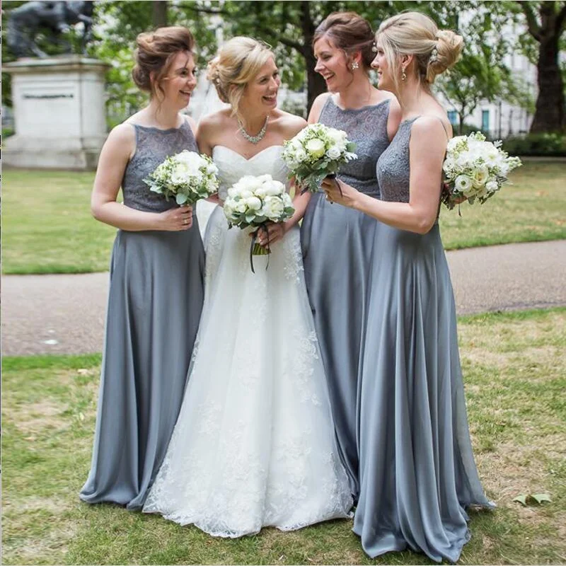 Trendy Fashion Sale Spring Fashion Custom Cheap Bridesmaid dress, Lace Top Modest Grey Chiffon Bridesmaid Dresses, WG273