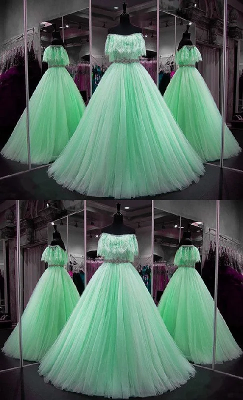 Hot Styles Spring Wardrobe Chic Boho Style Mint Green Prom Dresses Ball Gowns Lace Ruffle Sleeves Evening Gowns Off The Shoulder   cg11569