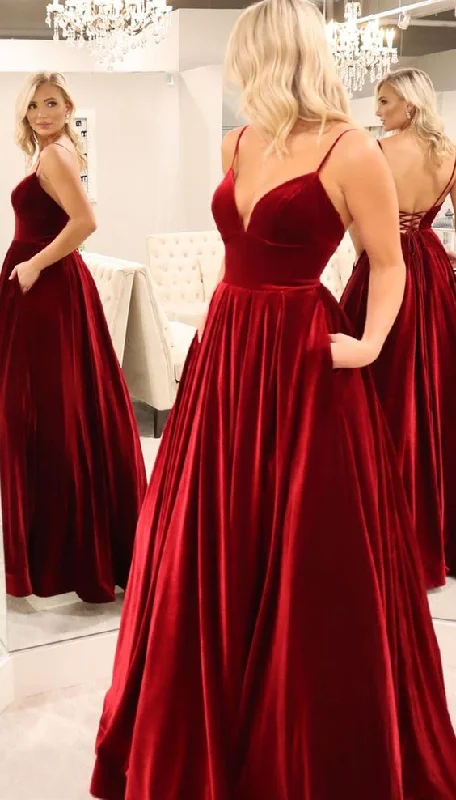 Fashion Forward Femininity Budget-Friendly Fashion elegant dark red long prom dresses, formal velvet evening party dresses, simple prom gowns with pockets  cg6198