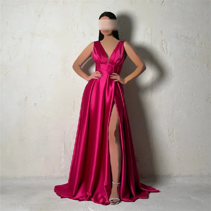 Must Haves Evening Looks Simple Elegant Modern Floor-length Sleeveless Evening Dresses For Woman V-Neck Satin Prom Gowns Side Split A-Line Party Dress