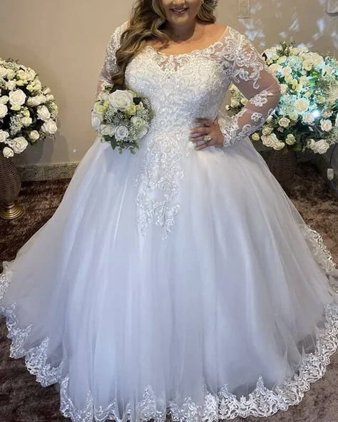 Classic Chic Deals Seasonal Fashion Hot Long Sleeves Plus Size Wedding Dresses Tulle Lace Off the Shoulder