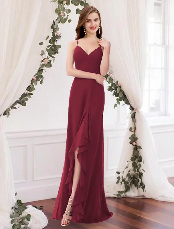 Luxury Casual Deals Discounts On Casual Weekend Styles Sheath / Column Bridesmaid Dress V Neck Sleeveless Elegant Floor Length Chiffon with Pleats / Split Front