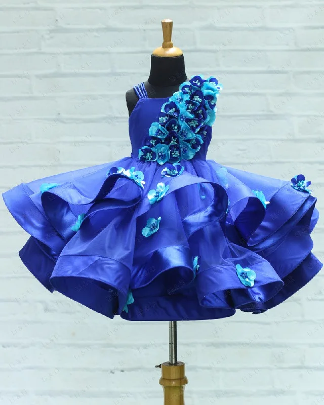 Stylish Looks Winter Warm - Up Sale Pre-Order: Royal Blue Swirled One Shoulder Gown With Royal Blue & Sky Blue Flower Work