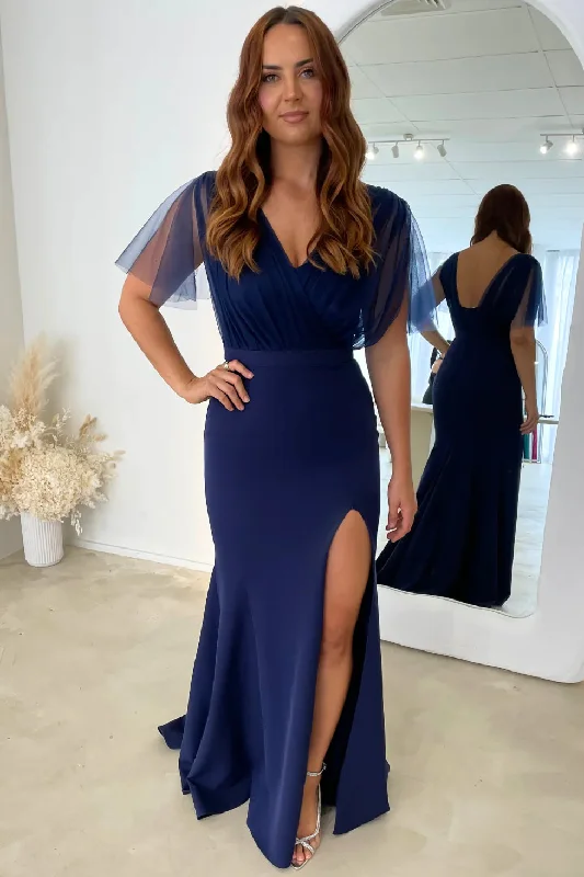 Limited Time Offer Update With Cottagecore Styles Navy Blue Short Sleeves Mermaid Prom Dresses, Long Bridesmaid Dresses, Wedding Guest Dresses