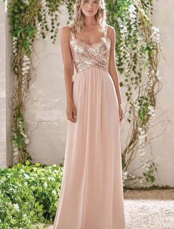 Feminine Style Promotions Save On Inspired Styles A-Line Bridesmaid Dress V Neck Sleeveless Elegant Floor Length Chiffon / Sequined with Pleats