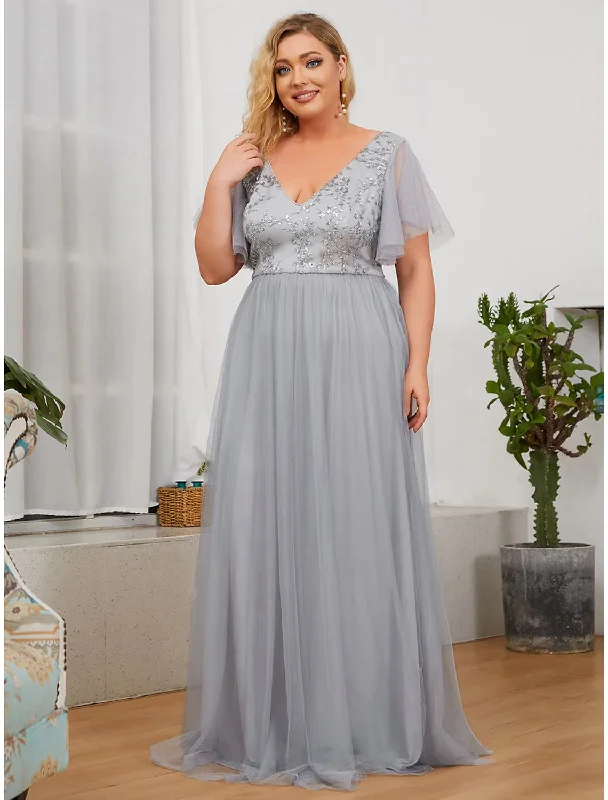 Easy Elegance Sales Exclusive Discount A-Line Bridesmaid Dress Plunging Neck Short Sleeve Plus Size Floor Length Tulle / Sequined with Sequin