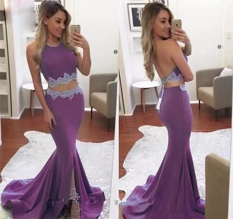 Save Big Fashion-Forward Two Pieces Prom Dresses Jewel Sleeveless Evening Dresses Backless Mermaid Peplum Split With Lace Applique Custom Made Formal Party Gowns  cg8331