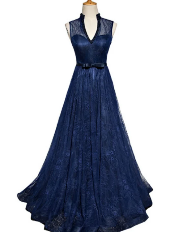 Crazy Price Slashing Buy More, Save More Navy Blue Lace V-Neckline Open Back Evening Gown, Blue Floor Length Party Dress Prom Dress    cg20186