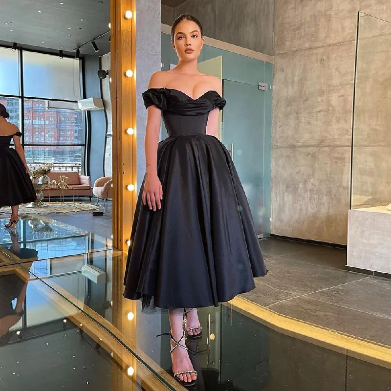 Fall Sale, Prices Drop Spring Fling Sale Black Satin Short Evening Dress Prom Gown Off The Shoulder Pleat V Neck A Line Tea Length Formal Party Dresses Plus Size,QP011