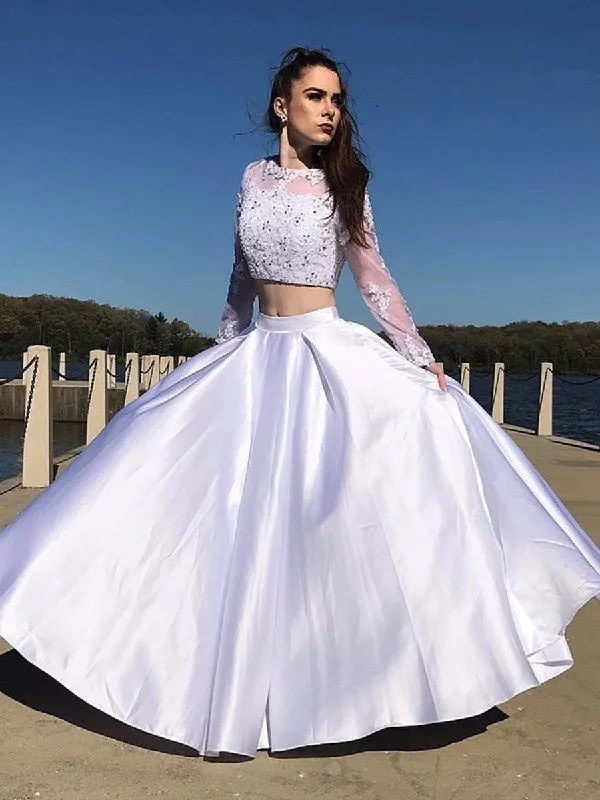 Sustainable Fashion Extravaganza Day-To-Night Styles Round Neck Long Sleeves Two Pieces Lace White Prom Dresses, Long Sleeves White Lace Formal Dresses, Two Pieces White Lace Evening Dresses