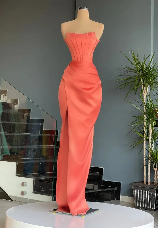 Trendy Street Style Last Chance Sale Haute Couture Prom Dresses Sheath Strapless Satin Slit Saudi Arabia Dubai Robe De Soiree Evening Dress Gown