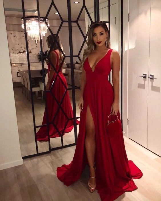 Unbeatable Prices Fashionista Favorites Red V Neck Sleeveless Evening Formal Gown Open Back Long prom Party Dress With Side Slit   cg7126