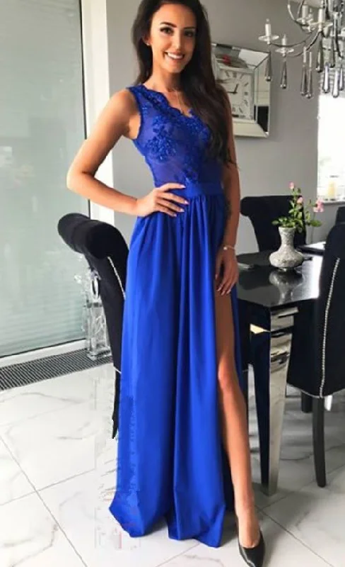 Hot Trends Elegant Style High Slit Royal Blue Long Evening Dress, Appliques Prom Party Gown  cg8402