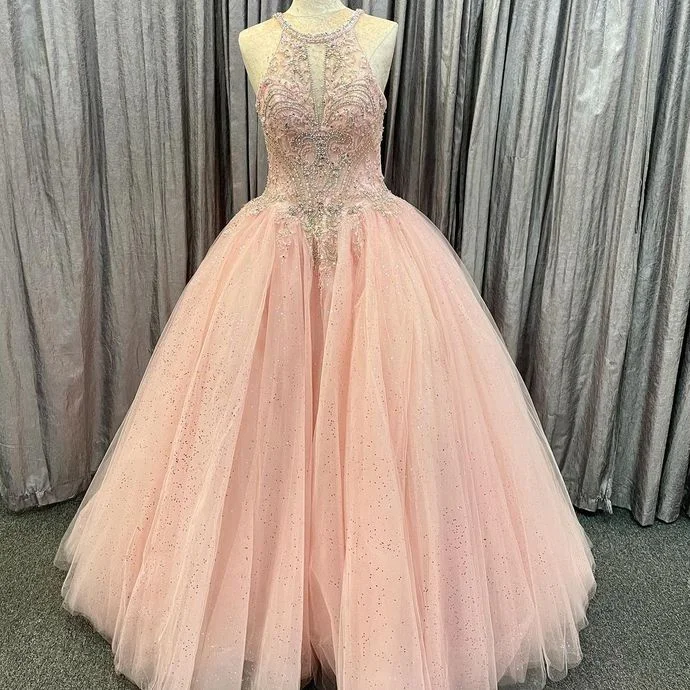 Chic & Modern Sales Discounts On Casual Weekend Styles Pink Beaded Tulle Long Quincerean Gown Long Prom Dress   cg16897