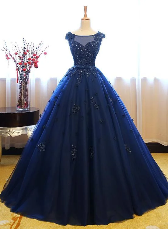 Exclusive Sale Trendy Styles Navy Blue Tulle Cap Sleeves Quinceanera Dresses, Blue Beaded Ball Gown Party Dress prom dress evening dress   cg11552