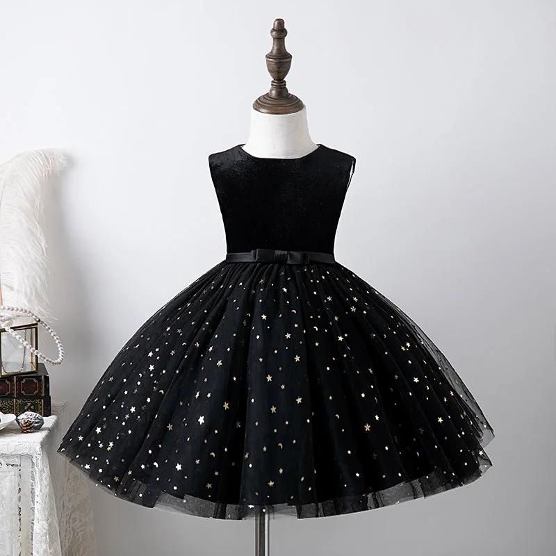 Trendy Street Style Evening Looks Baby Girl Princess Dress Sleeveless Black Puffy Sequined Birthday Party Dress