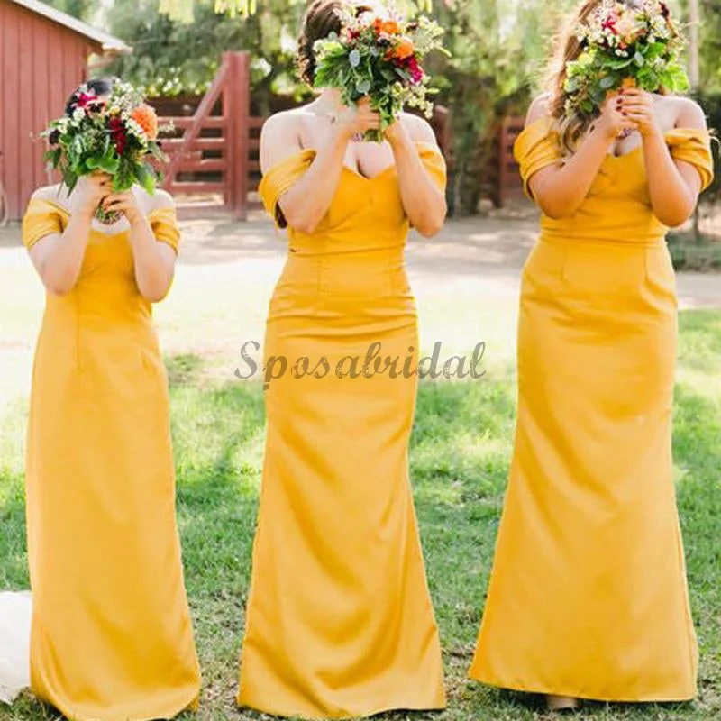 Clearance Event Special Occasion Wear Cheap Yellow Pleating Off Shoulder Sheath Simple Elegant Long Bridesmaid Dresses WG587