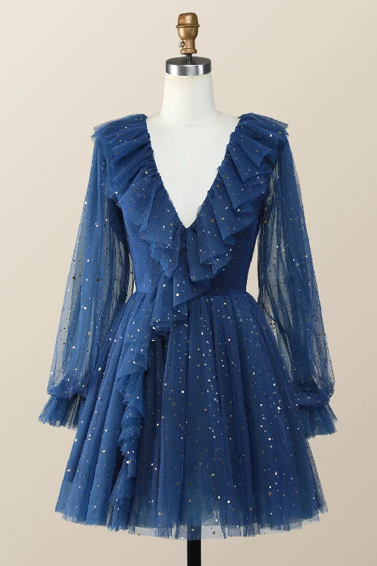 Embrace New Fashion Elevate Your Wardrobe Navy Blue Long Sleeves Stars and Sequins Ruffle Dress