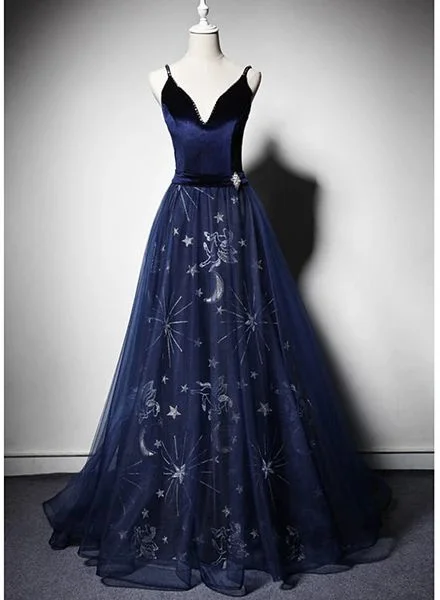 Durable Fashion Picks Chic Styles Beautiful Navy Blue Straps Velvet Long Prom Dress, Tulle Blue Evening Gown   cg15778