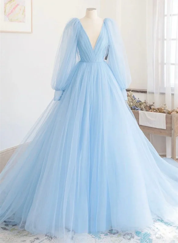 End-Of-Season Clearance Limited - Time Bundle Light Blue Long Sleeves V Neck Long Formal Dress A-Line Evening Dress MD7207