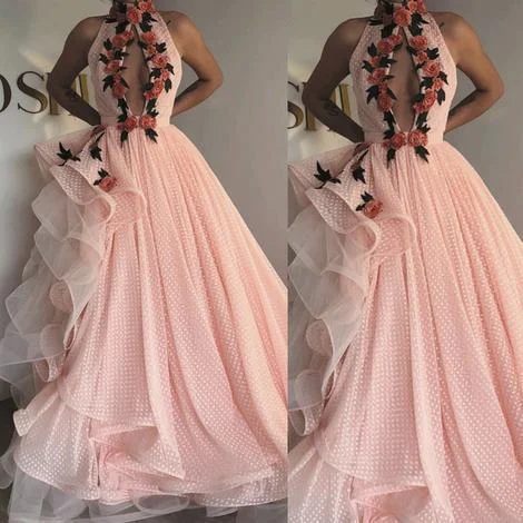 Cozy Comfort Style Sale Holiday Sale pink prom dresses high neck dotted tulle embroidery appliqué elegant prom gown   cg20587