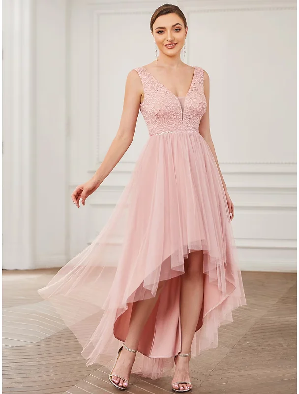 Exclusive Designer Style Deals Limited Time Deal A-Line Bridesmaid Dress V Neck Sleeveless Elegant Short / Mini Lace / Tulle with Draping