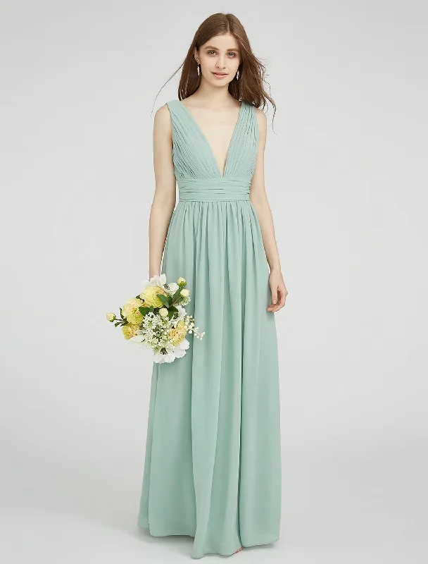 Premium Style Offers Wardrobe Update Sheath  Column Bridesmaid Dress V Neck Sleeveless Elegant Floor Length Chiffon with Ruched  Side Draping