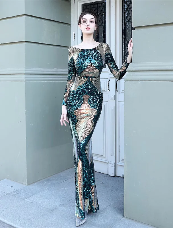 Stylish Looks Special Offer Prom Dresses Elegant Dress Formal Floor Length Long Sleeve Jewel Neck Sequined with