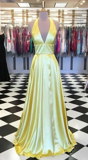 Luxury Fashion Seasonal Sale Yellow Prom Dress,Halter Neckline Prom Gown.Slit Evening Dress   cg8285