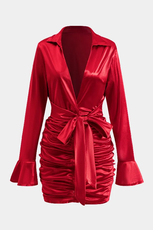 Explore What'S New Exclusive Sale Satin Tie-Up Ruched Long Sleeve Mini Dress