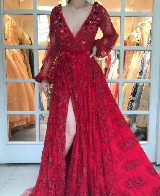 Special Offers, Don't Miss Score Big On Glamorous Red - Carpet Styles red prom dresses long sleeve lace appliqué 3d flowers beaded elegant prom gown    cg20201