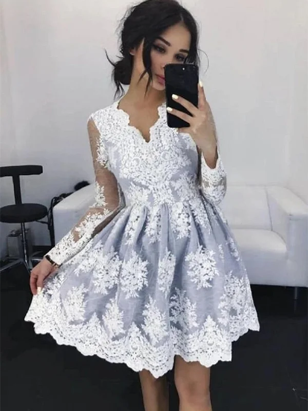 Relaxed Style Deals Mid - Season Sale V Neck Long Sleeves Gray Lace Short Prom Homecoming Dresses, Gray Lace Formal Graduation Evening Dresses, Grey Cocktail Dresses