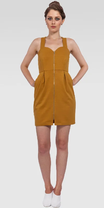 Chic And Edgy Flash Sale Zipperd Front Bodycon Mini Dress - Marigold