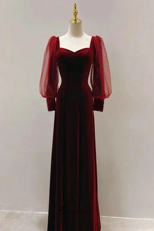 Special Offer Spring Fling Sale Modest Long Sleeve Deep Red Velvet Evening Dress,MD6879