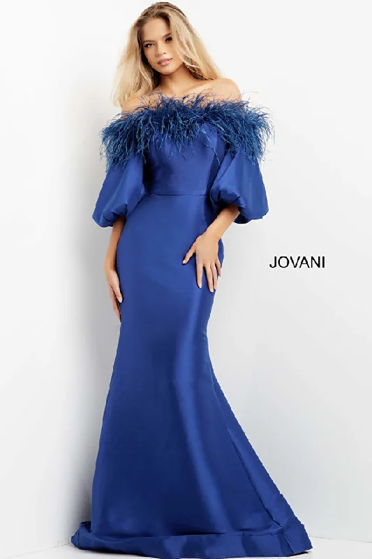 Contemporary Fashion Sale Great Deals On Ethnic Cultural Wear Jovani 08356 Off the Shoulder Feather Neckline Long Sleeve Evening Dress - Special Occasion/Curves