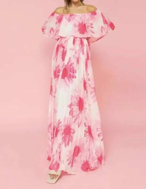 Daily Deals Clearance Event Off Shoulder Pleated Maxi Dress In Pink