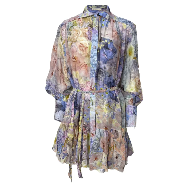 New Season Fashion Preview Unbeatable Prices Zimmermann Rhythmic Belted Floral Print Mini Shirt Dress in Multicolor Cotton