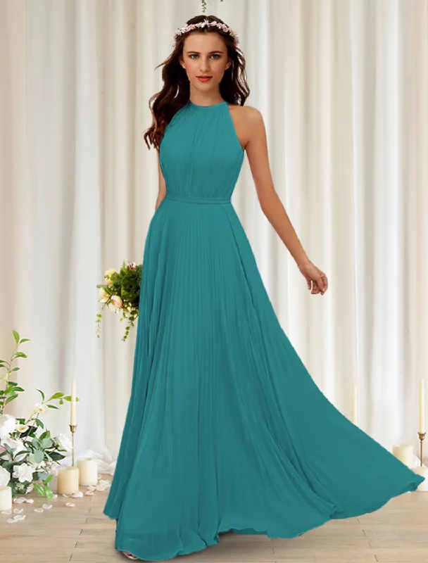 Fresh Fashion Discounts Great Prices On Feminine Styles A-Line Bridesmaid Dress Halter Neck Sleeveless Elegant Floor Length Chiffon / Lace with Pleats