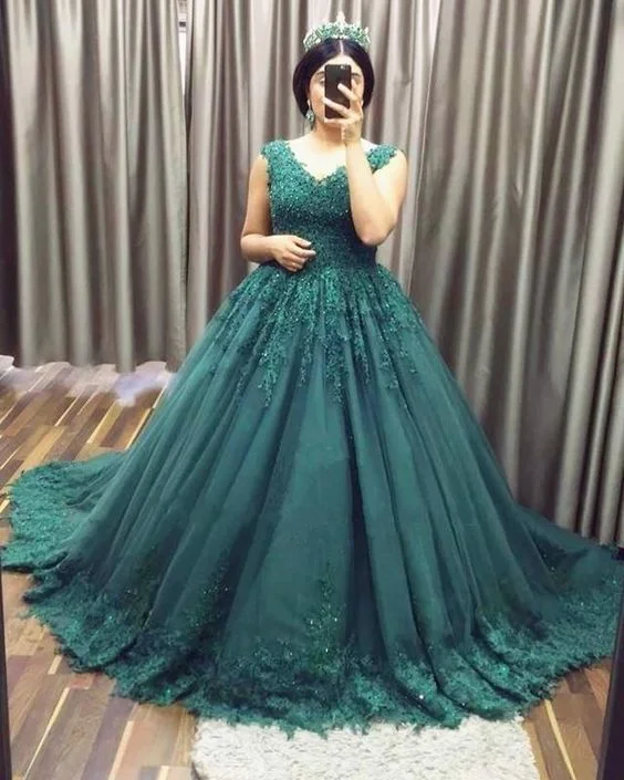 Timeless Elegance Redefined First Order Discount V Neck Tulle With Appliques Teal Ball Gown Long Prom Dresses   cg15861