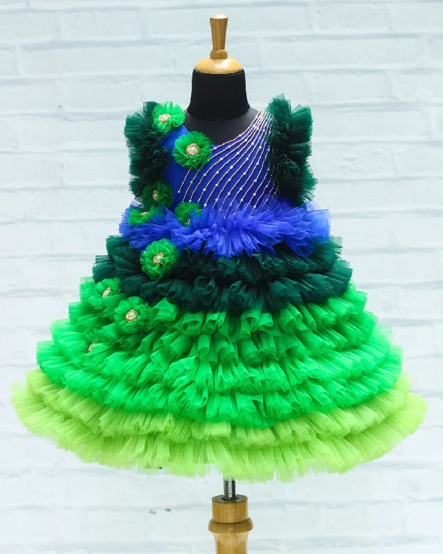 Big Savings Save On Inspired Styles Pre-Order: Peacock Shaded Fluffy Layered Gown With Curve Line Bead Work