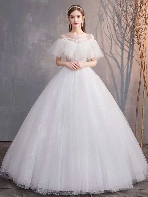 Top Deals Limited - Stock White Round Neck Tulle Long Wedding Dress, White Tulle Long Bridal Dress