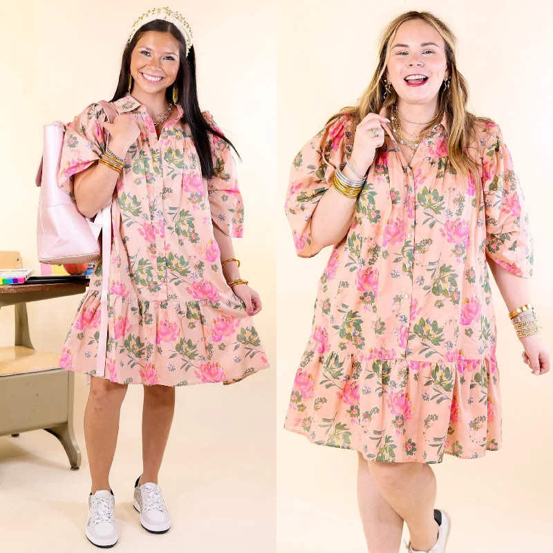 Unleash Your Trend Driven Style Fashionista Favorites Blooming Chic Button Up Floral Print Dress with Collar in Peach