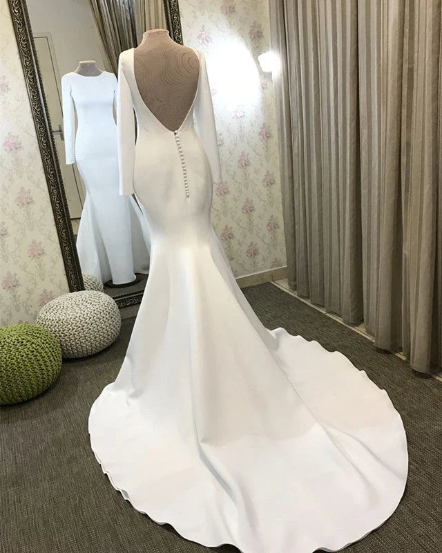 Limited Time Special Offer End - Of - Month Blowout Long Sleeves Satin Minimalist Wedding Dresses Mermaid Open Back