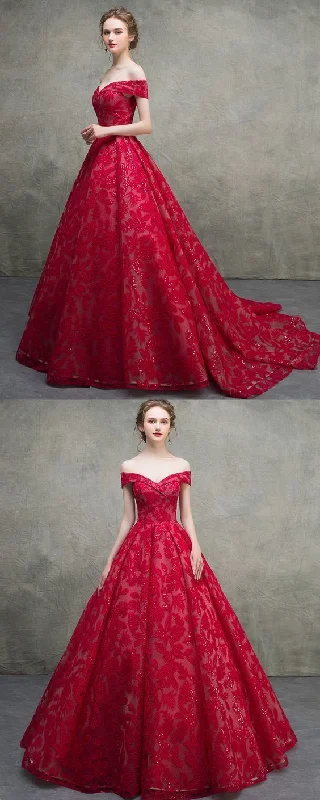 Style Redefined Fashion Sale Unique Red Lace Off Shoulder Lace Up Long Senior Prom Dress, Prom Gown    cg20988