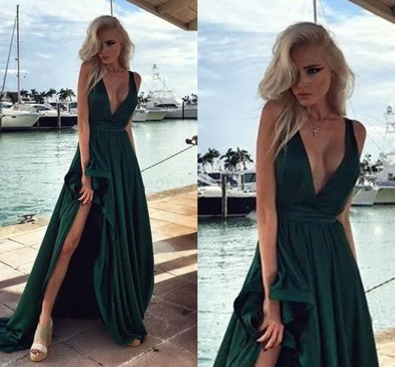 Quick Grab Deals Fashion Deal Hunter Green Elegant Long Prom Dresses Side Split V Neck Backless Evening Gowns Party Dress  cg7472