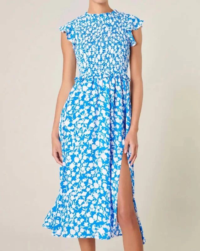 Affordable Trendy Fashion Chic Outfits Promise Keeper Smocked Floral Midi Dress In Blue And Ivory