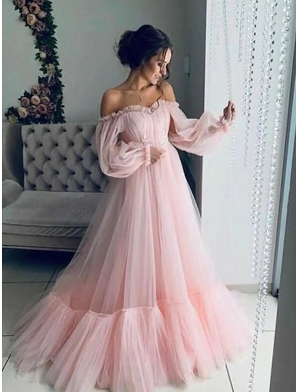 Timeless Style Promotions Seasonal Trends A-Line Elegant Engagement Prom Dress Off Shoulder Long Sleeve Floor Length Tulle Pleats Appliques